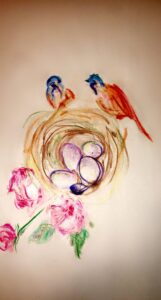 Two birds with blue heads sit above a nest with purple eggs. Below the nest are pink roses.